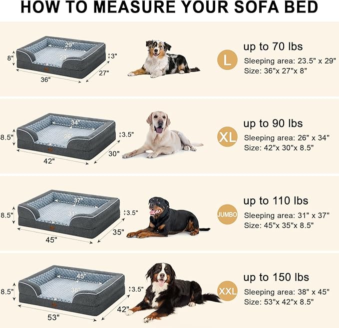 Orthopedic Dog Beds for Large Sized Dogs, Waterproof Memory Foam Large Pet Bed with Sides 36x27Inch, Non-Slip and Egg-Crate Foam Big Dog Couch Bed with Removable Washable Cover, Dark Grey