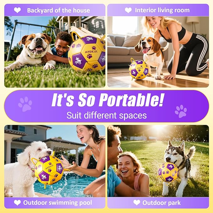 Size 3 Dog Soccer Ball with Straps Durable Training Ball for Pets Interactive Outdoor Dog Toy,Yellow & Purple, Paw and Puppy Design, for Medium & Large Puppie