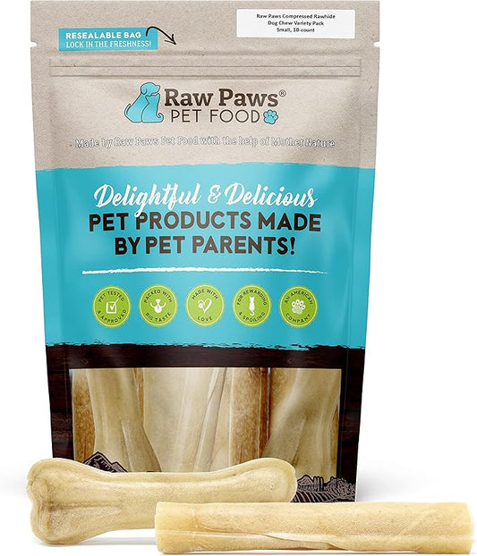 Raw Paws Compressed Rawhide Chews for Small Dogs (10 Pack) - Natural Raw Hides Small Dogs - Single Ingredient Dog Bones - Puppy Chew Bones - Puppy Teething Chews