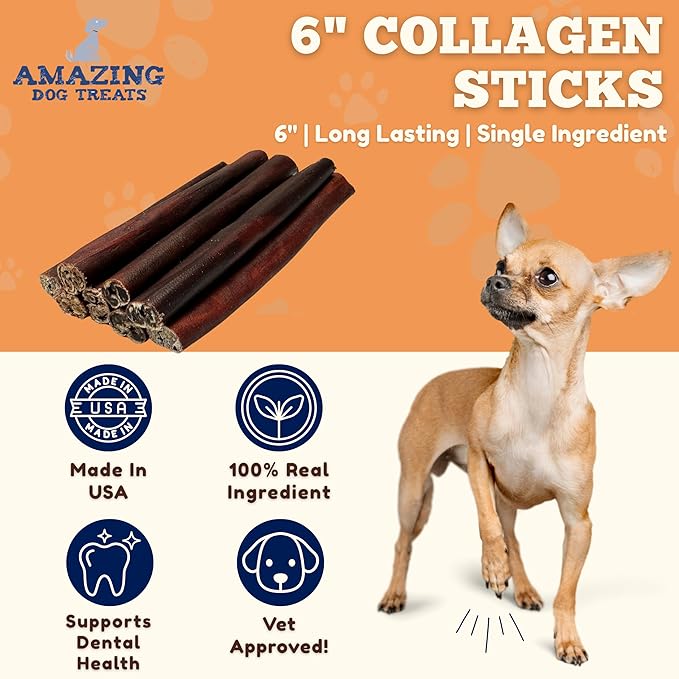 Amazing Dog Treats 6 Inch Collagen Stick - (10 Count) - Collagen Sticks for Dogs - No Hide Dog Bones