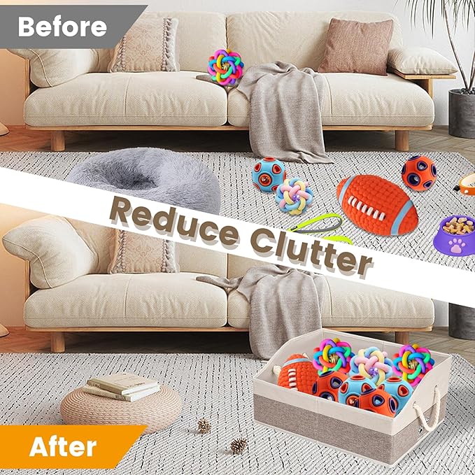 Large Dog Toy Basket With Handle, Foldable Dog Toy Box for Living Room Area, 20" Basket for Dog Toys, Clothes, Organizers and Storage with Hard Board, Anti-slip for Pet Toys (Brown, Medium)