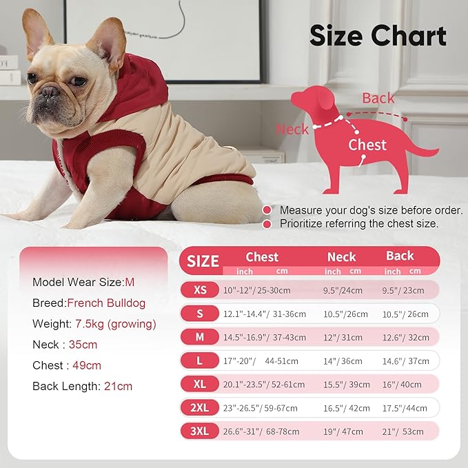 Fleece Lining Extra Warm Dog Hoodie in Winter for Large Dogs Jacket Pet Coats with Hooded,Beige and Red XXL