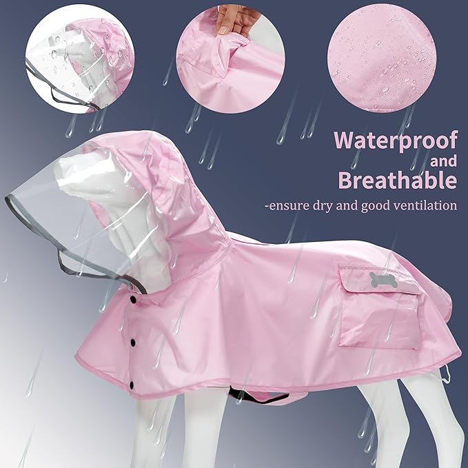Waterproof Dog Raincoat, Adjustable Reflective Lightweight Pet Rain Clothes with Poncho Hood (Light Pink, Small)