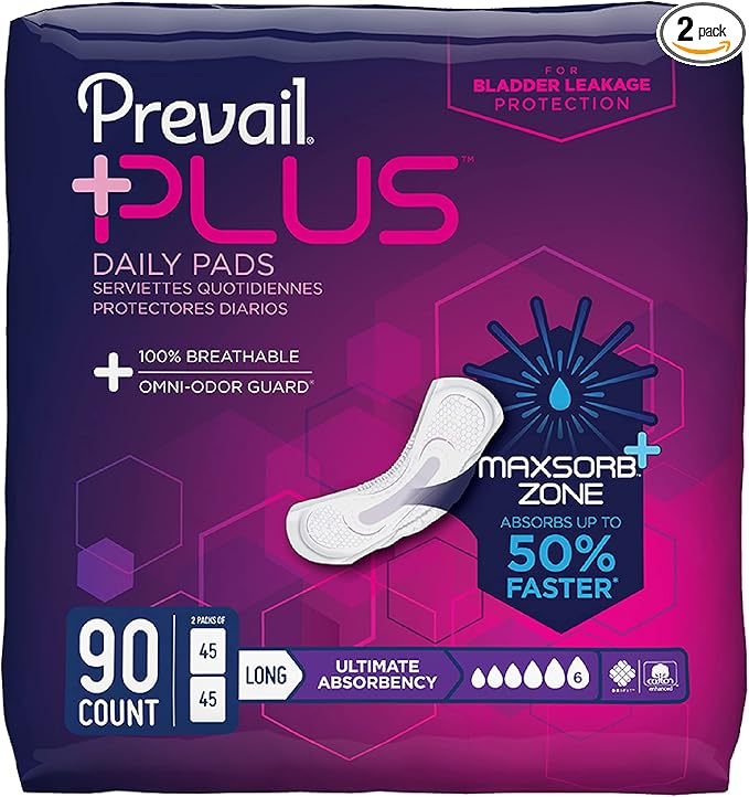 Prevail Plus | Long Length Incontinence Bladder Control Pads | Ultimate Absorbency | 90 Count (2 packs or 45)