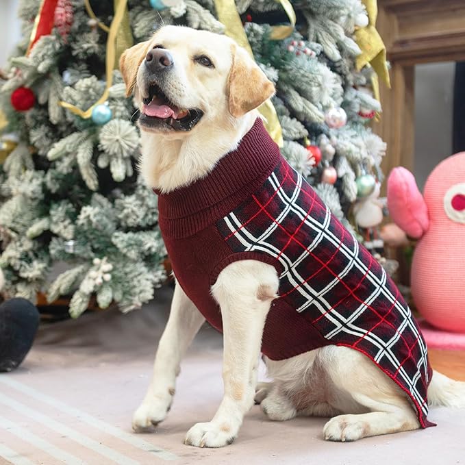 PUPTECK Dog Christmas Sweaters for Large Medium Small Dogs - Fall Classic Plaid Style Puppy Holiday Winter Coat Clothes Warm, Deep Red, S