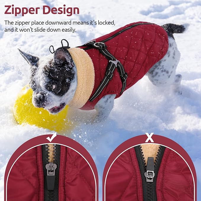 Queenmore Dog Jackets for Medium Dogs, Dog Coat with Harness Built in, Waterproof Pet Winter Coat with Zipper On Back Doggy Snowsuits Warm Soft Pet Jacket for French Bulldog, Poodle, Corgi, Burgundy M