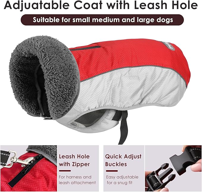 Dog Coat, Waterproof Ripstop Dog Winter Jacket with Leash Hole, Reflective Adjustable Warm Pet Fleece Snow Sweater for Small Medium Large Dogs - Red, 2XL
