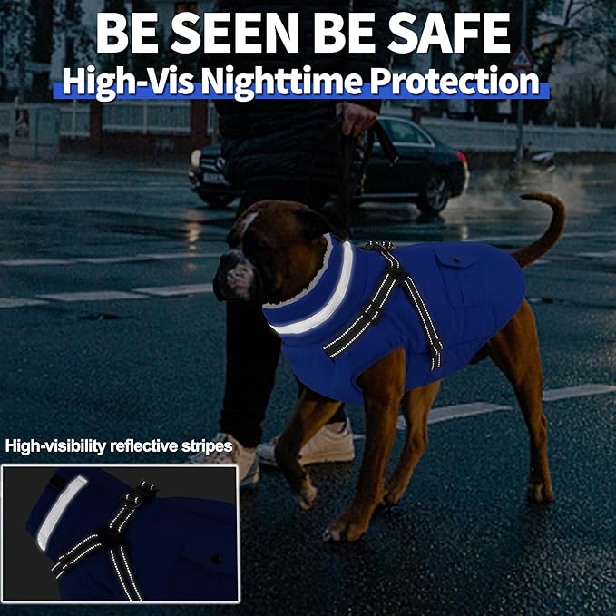 Dogcheer Dog Coat with Harness, Waterproof Warm Dog Winter Jacket with Pockets, Reflective Pet Fleece Jacket Turtleneck Snowsuit for Small Medium Large Dogs - Blue, 3XL