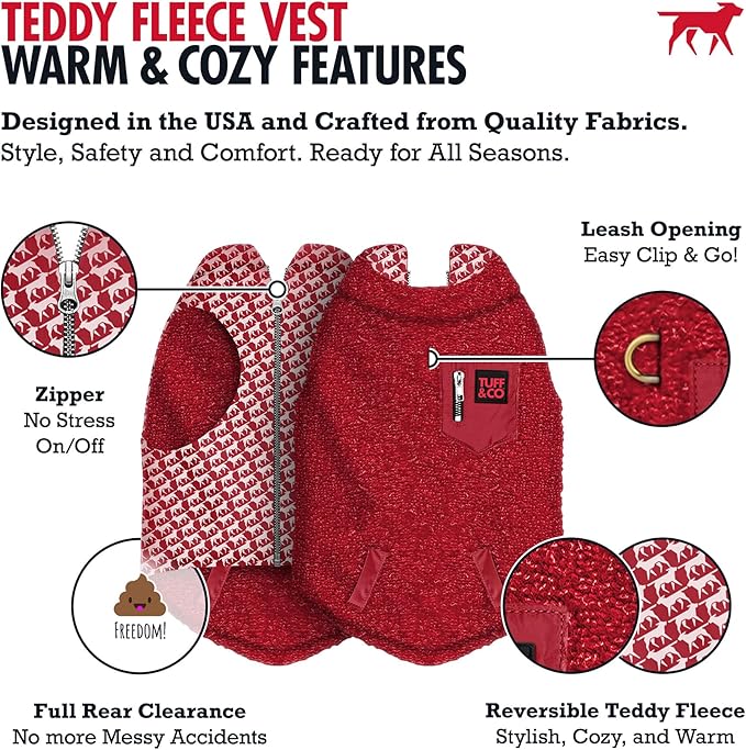 Tuff Pupper Reversible Fleece Sweater Vest for Dogs | Lightweight Comfortable Insulated Jacket | Front Zip Closure | Machine Washable | Built-in Leash Hole | Sizes for All Breeds (XL, Red)