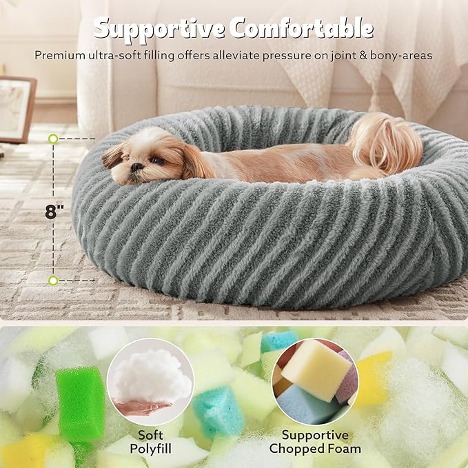 MIXJOY Dog Bed Medium Size Dogs, Washable Medium Dogs Bed with Removable Cover, Cozy Donut Dog Ded Fluffy Plush Faux Fur Pet Bed with Anti-Slip Bottom, 30"x30"x8", Grey