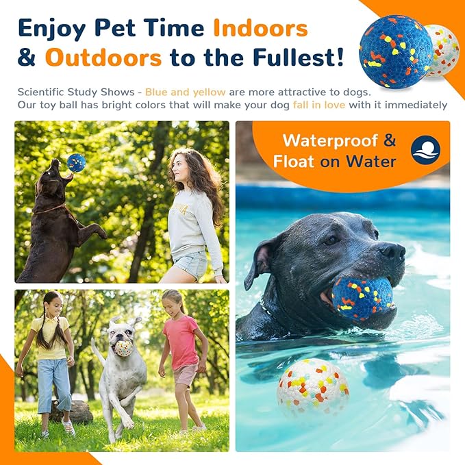 Petcare 2 Pack Dog Balls Toys for Aggressive Chewers Indestructible Tennis Balls for Medium Large Dogs Water Toy Chew Ball Tough Durable Big Dog Toys Bouncing Ball for Dogs to Fetch, Blue+White