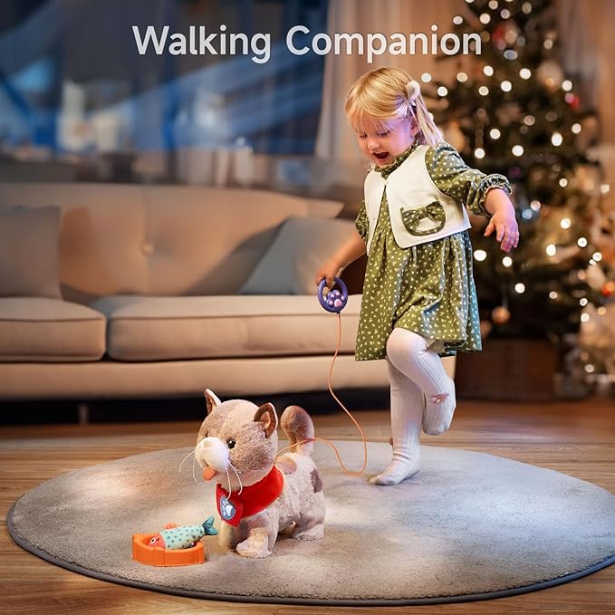 TUMAMA Toy Cat for Kids, Cute and Realistic Kitty Toy That Walks, Meows, Tongues Out and Wags Tail, Interactive Electronic Cat Plush Toy with Leash, Best Gift for Boys and Girls Ages 3 4 5 6 7