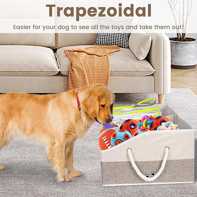Large Dog Toy Basket With Handle, Foldable Dog Toy Box for Living Room Area, 28.5" Basket for Dog Toys, Clothes, Organizers and Storage with Hard Board, Anti-slip for Pet Toys (Brown, Large)