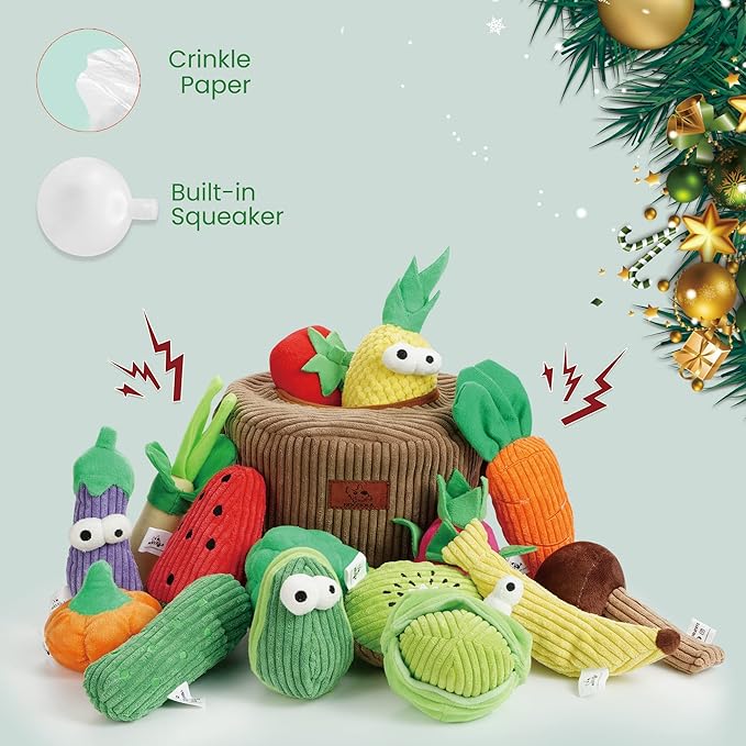 Nocciola Small Squeaky Crinkle Dog Toys- 15 Packs Grocery Basket Fruits Veggies Puppy Toys to Keep Busy, Cute Durable Plush Stuffed Hide Seek Cognitive Boredom Pet Supplies, Dog Birthday Gifts