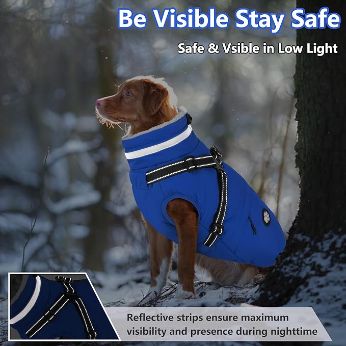 Dogcheer Dog Coat, Waterproof Dog Winter Jacket with Harness, Reflective Adjustable Doggy Cold Weather Coats, Christmas Pet Fleece Snowsuit for Small Medium Large Dogs - Blue, 3XL