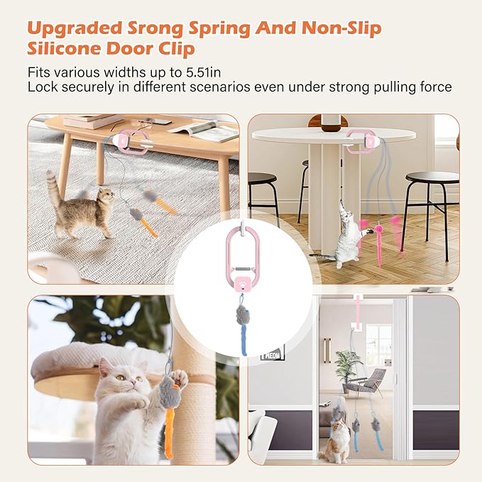 Rechargeable Electric Cat Teaser with Remote – Interactive Door Clip Toy for Cats, 2 Motion Modes (360° Spin & Irregular Jumping), Smart Auto Cat Toy for Exercise & Fun (Pink)