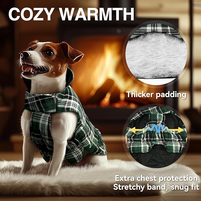 VIVAGLORY Softjoy Dog Coat, Dog Jacket for Winter & Christmas, Coat with Harness Hole & Velcro Closure, Reversible Plaid Checkered Warm Fluffy Heavy Duty for Puppy, L, Green
