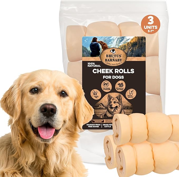 Premium Beef Cheek Rolls for Dogs 5-7" - (3-Pack) Long Lasting, Safe & Natural Rawhide Alternative Chews, Ideal for Large Dogs & Aggressive Chewers, Supports Dental Health & Digestion