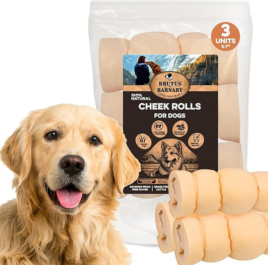 Premium Beef Cheek Rolls for Dogs 5-7" - (3-Pack) Long Lasting, Safe & Natural Rawhide Alternative Chews, Ideal for Large Dogs & Aggressive Chewers, Supports Dental Health & Digestion