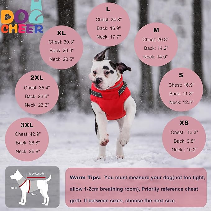 Dogcheer Dog Coat with Harness, Waterproof Warm Dog Winter Jacket with Pockets, Reflective Pet Fleece Jacket Turtleneck Snowsuit for Small Medium Large Dogs - Red, 2XL