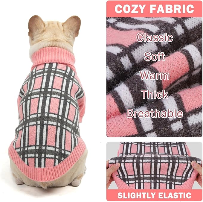 SCENEREAL Turtleneck Dog Sweater for Small Medium Large Dogs Girls Boys, Christmas Plaid Pullover Puppy Sweatershirt, Dogs Cold Weather Outfit Clothes, Ideal Gift for Pet in New Year, Pink Plaid ML