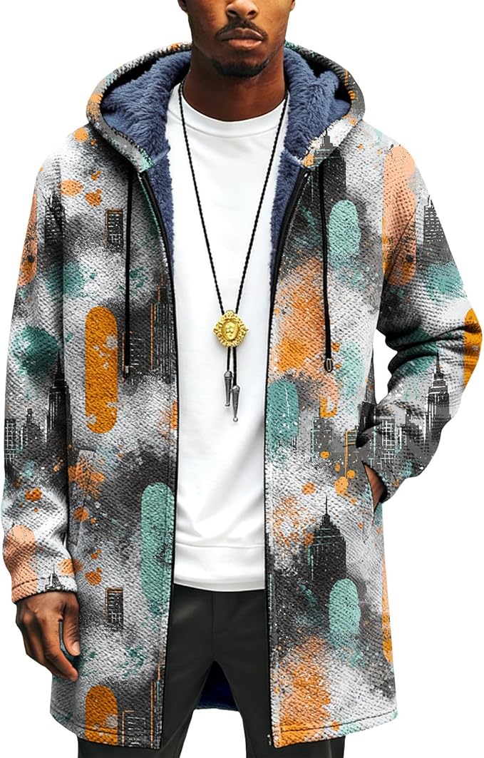Mens Long Cardigan Hoodies Full Zip Fleece Lined Jackets Fashion Knitted Color Block Hooded Coat with Pockets