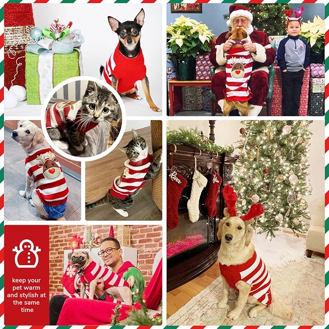 PETCARE Reindeer Christmas Dog Sweater Red Striped Cat Sweater Cartoon Elk Pet Vest Holiday Dog Clothes Puppy Sweaters for Small Medium Large Dogs Cats Fall Winter Outfits Xmas Dogs Costume,X-Small