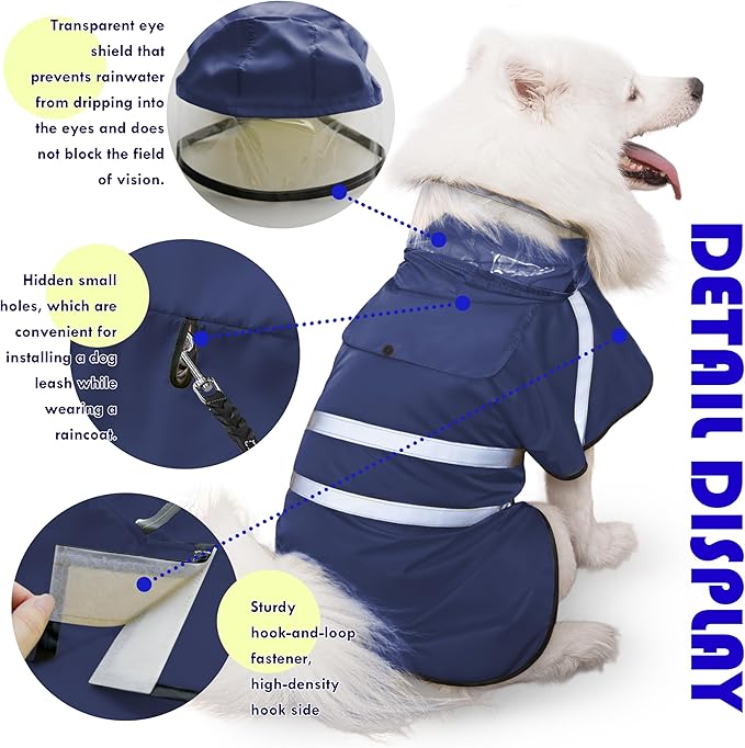 Dog Raincoat, Adjustable Rain Jacket with Hooded Double Layer for Large Medium Small Dogs Puppies, Lightweight Waterproof Rain Coat Poncho with Reflective Stripe Navy,XXL