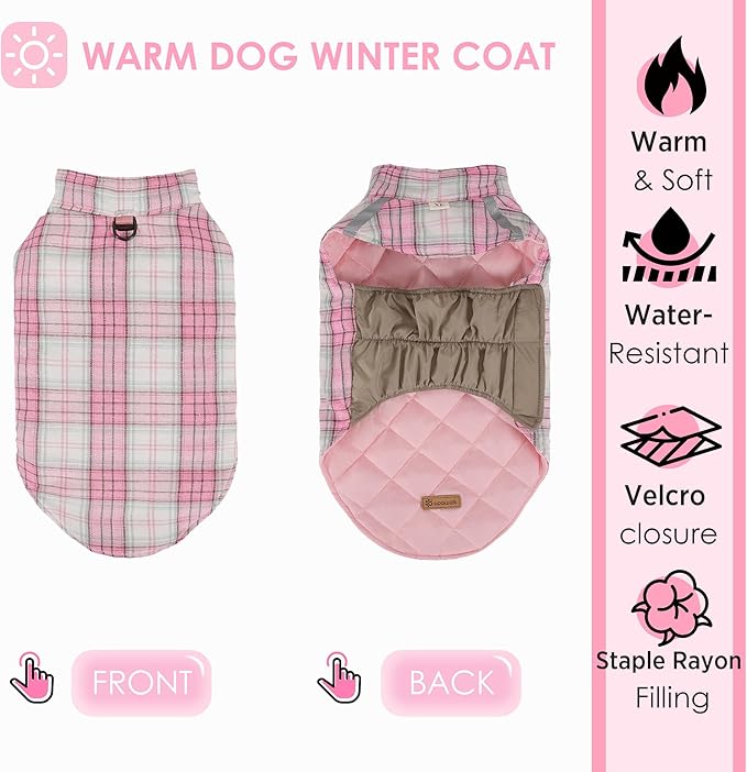 Quilted Dog Winter Coat, Plaid Lined Reversible Vest, Reflective Safety Strip, Cold Weather Pet Apparel Pink XXS
