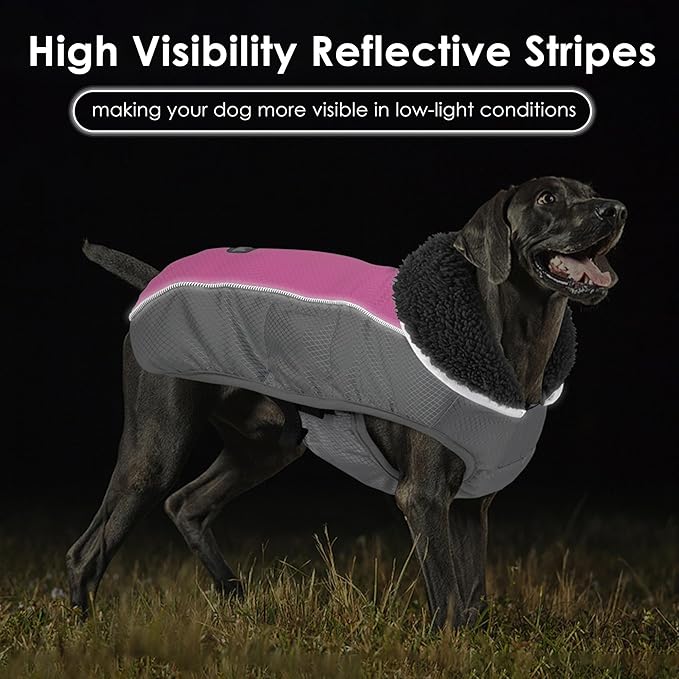 Dog Coat, Waterproof Ripstop Dog Winter Jacket with Leash Hole, Reflective Adjustable Warm Pet Fleece Snow Sweater for Small Medium Large Dogs - Pink, L