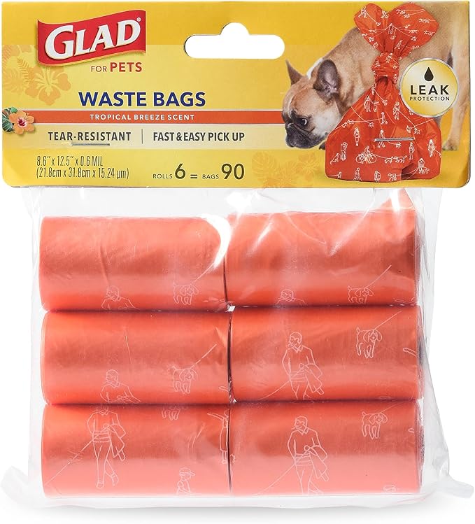 Glad for Pets Large Dog Waste Bags, Scented, Tear-Resistant, 6 Rolls | Heavy Duty Poop Bags for Fast and Easy Waste Cleanup | 6 Rolls, 90 Bags Total