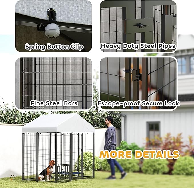 PawHut 6' x 4' x 6' Outdoor Dog Kennel, Welded Wire Dog Kennel Outside Run with 360° Rotating & 4 Level Adjustable Bowls, Waterproof & UV Resistant Cover, for S&M Breeds, Chickens, Ducks, Silver