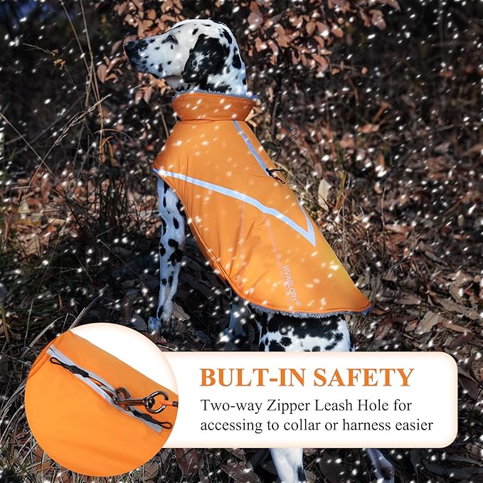 VIVAGLORY Snowrap Dog Coat, Jacket with Harness Hole & Velcro Closure, Dog Coat for Winter & Cold Weather, Fluffy Warm Fleece Lined Reflective Water Resistant for Puppy, S, Orange