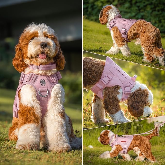 OneTigris Tactical Dog Harness Vest,No-Pull Service Dog Vest with Hook & Loop Panels,Adjustable Dog Vest Harness for Walking Hiking Training(Pink,XS)