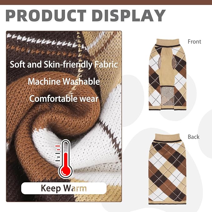 KOOLTAIL Dog Sweater for Small Dogs, Puppy Knitted Clothes - Classic Plaid Pullover Turtleneck Thick Warm Fall Cat Sweaters with Leash Hole, Dog Winter Clothes for Chihuahua Dachshund Girls Boys, XS