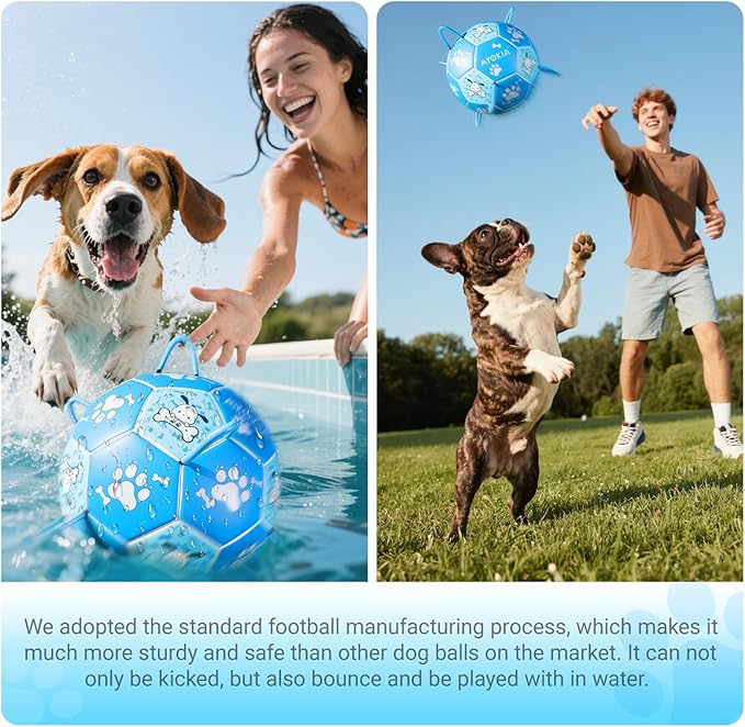 Size 2 Blue Dog Soccer Ball with Straps Eye-Catching Bone and Paw Print Design, Ultra-Durable Training Ball for Pets Interactive Outdoor Dog Toy, Perfect for Small to Medium Puppies