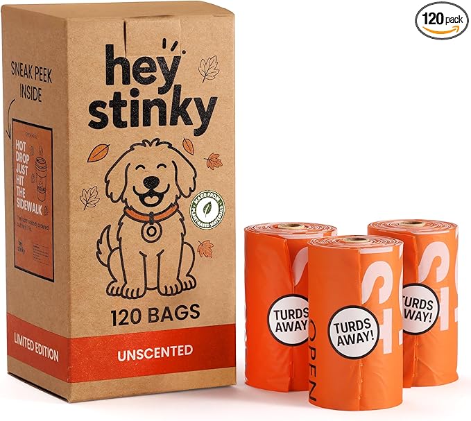 Dog Poop Bags 120 Count – Leakproof, Extra Thick & Easy Open | Unscented Plant-Based PLA + PBAT, Fits All Dispensers | Funny Hey Stinky Design – $1 Donated to Service & Therapy Dogs
