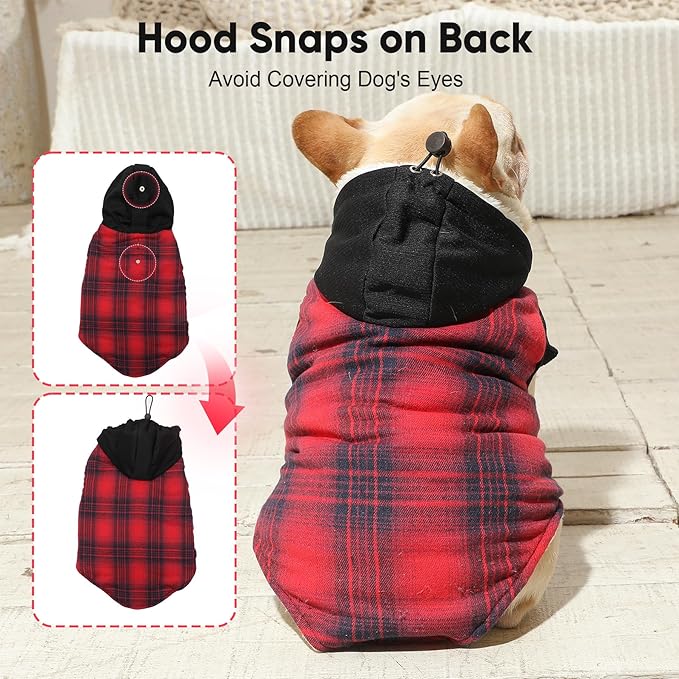 Fleece Lining Dog Hoodie for Medium Dogs Extra Warm Plaid Sweater with Drawstring Hooded Coats in Winter Puppy Jacket,Red L