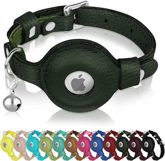 OOPSDOGGY Cat Collar for AirTag Holder, Leather Kitten Collars with Elastic Strap & Bell, Non Breakaway Adjustable Small Pet Collars for Indoor & Outdoor for Boy, Girl (Green)