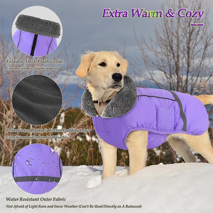 Dogcheer Warm Dog Coat, Waterproof Dog Jacket Christmas Puppy Winter Coat with Buckle, Reflective Adjustable Pet Snow Jacket Fleece Sweater for Small Medium Large Dogs - Taro Purple M