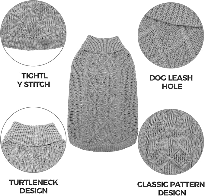 Mihachi Turtleneck Dog Sweater - Winter Coat Apparel Classic Cable Knit Clothes with Leash Hole for Cold Weather, Ideal Gift for Pet in New Year Grey SM