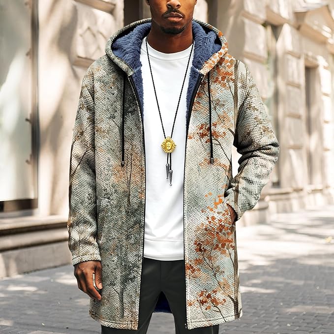 LIZALIG Long Hooded Cardigan Men Japanese Art Style Fashion Cool Graphic Coats Winter Warm Lined Fleece Jacket