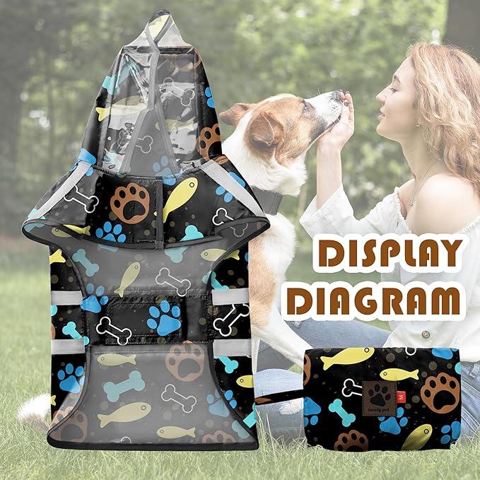 Dog Raincoat, Adjustable Rain Jacket with Hooded Double Layer for Large Medium Small Dogs Puppies, Lightweight Waterproof Rain Coat Poncho with Reflective Stripe Paw Print Black,XL