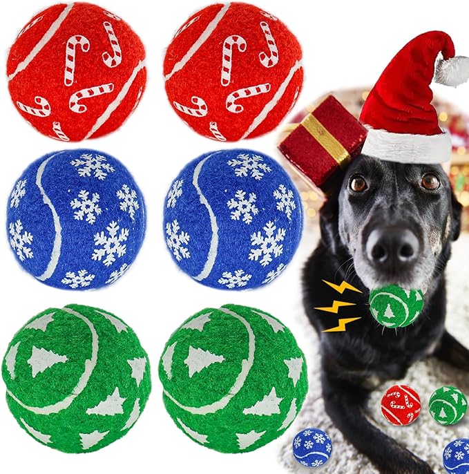 Christmas Dog Balls Toys, 6 Pack 2.5'' Squeaky Tennis Balls for Dogs | Idea Gift for Puppy Birthday & Christmas Decoration & Stocking Stuffers, Small Medium Large Breeds