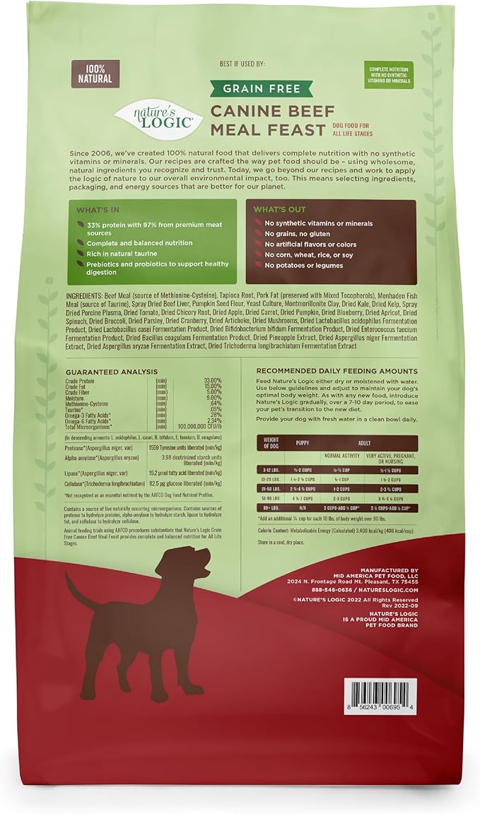 Nature's Logic Grain-Free Dry Dog Food - All-Natural, High Protein, No Synthetic Vitamins/Minerals - Gluten Free - Supports Healthy Digestion - All Breeds & Ages - Beef Meal Feast, 25lbs
