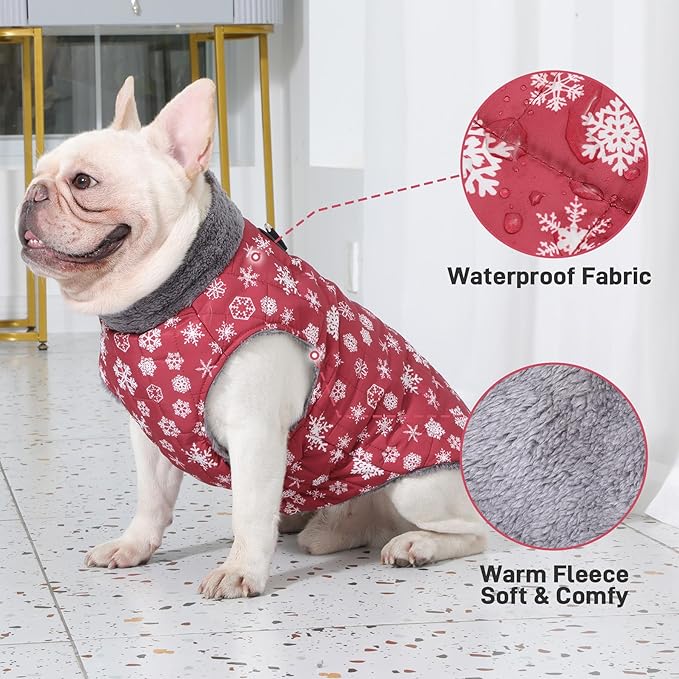 Warm Fleece Dog Coats with Durable Harness Buitl in D-Ring,Waterproof Doggie Jacket for Large Dogs,Dog Vest for Cold Winter,Red,Snow Pattern XXXL