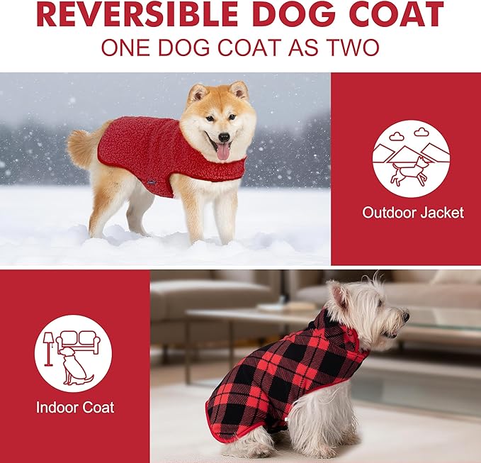 cyeollo Medium Dog Coat, Sherpa Dog Winter Coat Reversible Fleece Dogs Jackets Warm Doggie Sweater Vest for Small Medium Dogs Male with Leash Hole Soft Cold Weather Pet Clothes, Buffalo Plaid XL