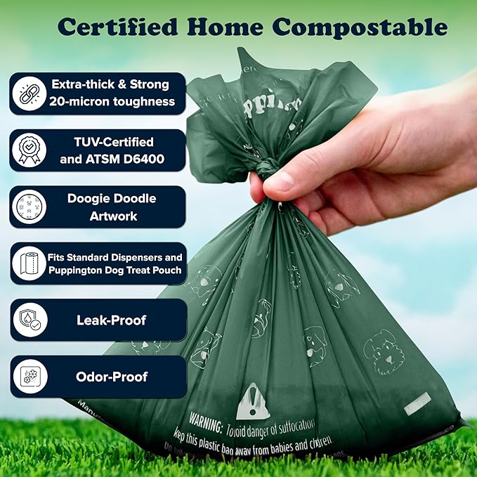 Puppington Certified Home Compostable Poop Bags - ASTM D6400 Compliant - 180 Extra Thick Bags - Plant Based - Pairs with Puppington 3-in-1 Bag & Fits all Standard Poop Bag Dispensers (Basil Green)