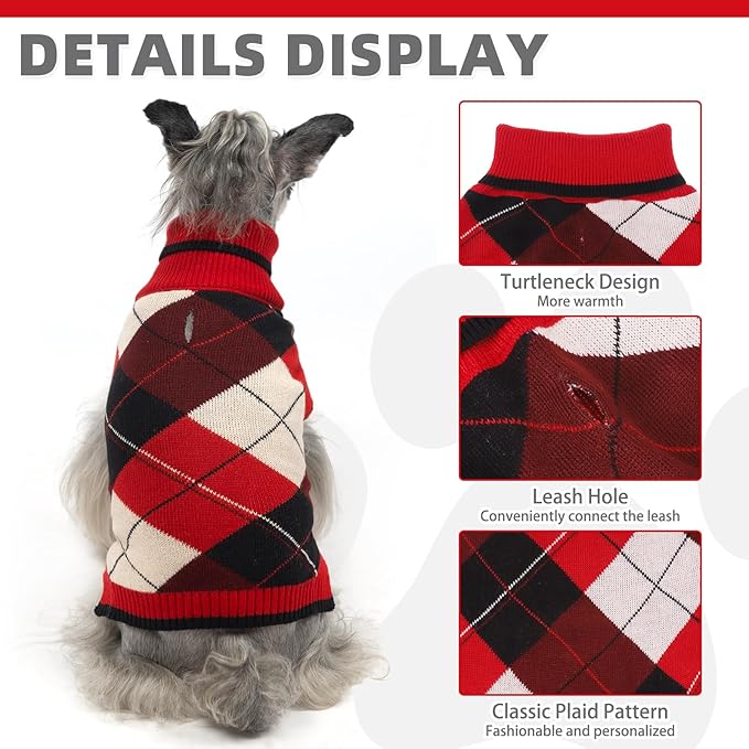 KOOLTAIL Dog Sweater - Thick Warm Plaid Pullover Turtleneck Fleece Dog, Cat, Puppy Christmas Sweater with Leash Hole - Red - S, M, L