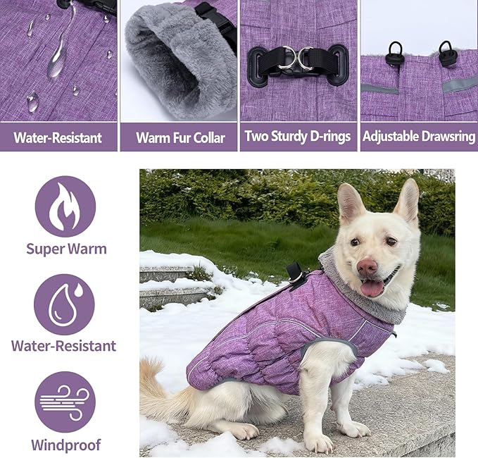 Malier Dog Coat, Reflective Dog Jacket Waterproof Windproof Puppy Cold Weather Coats with Harness Built in, Winter Extra Warm Pet Coat Fleece Vest for Small Large Pets and Puppy (Purple, Large)